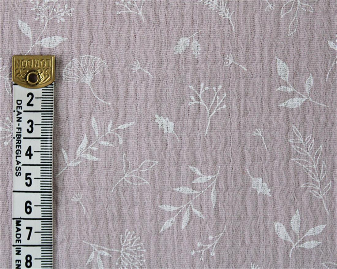 Scattered Vines Double Gauze White Leaves and Planta on a Beige