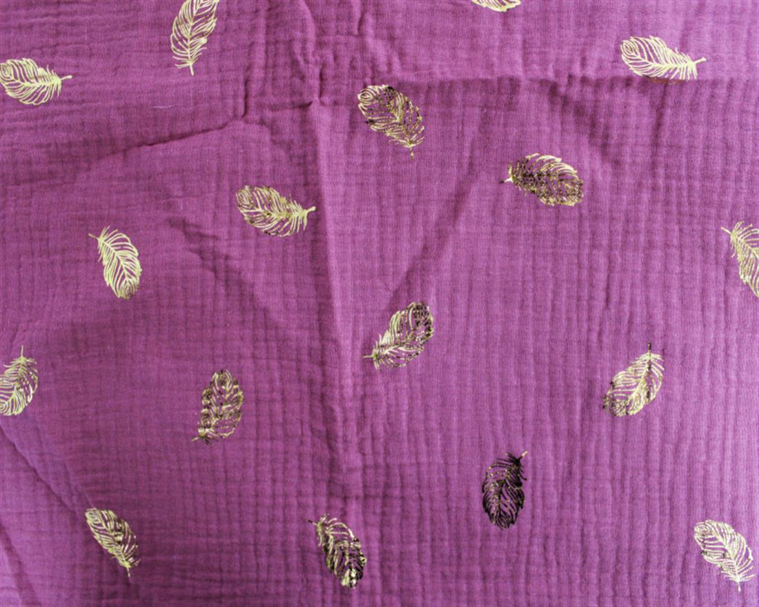 Metallic Gold Feather Double Gauze Printed Fabric