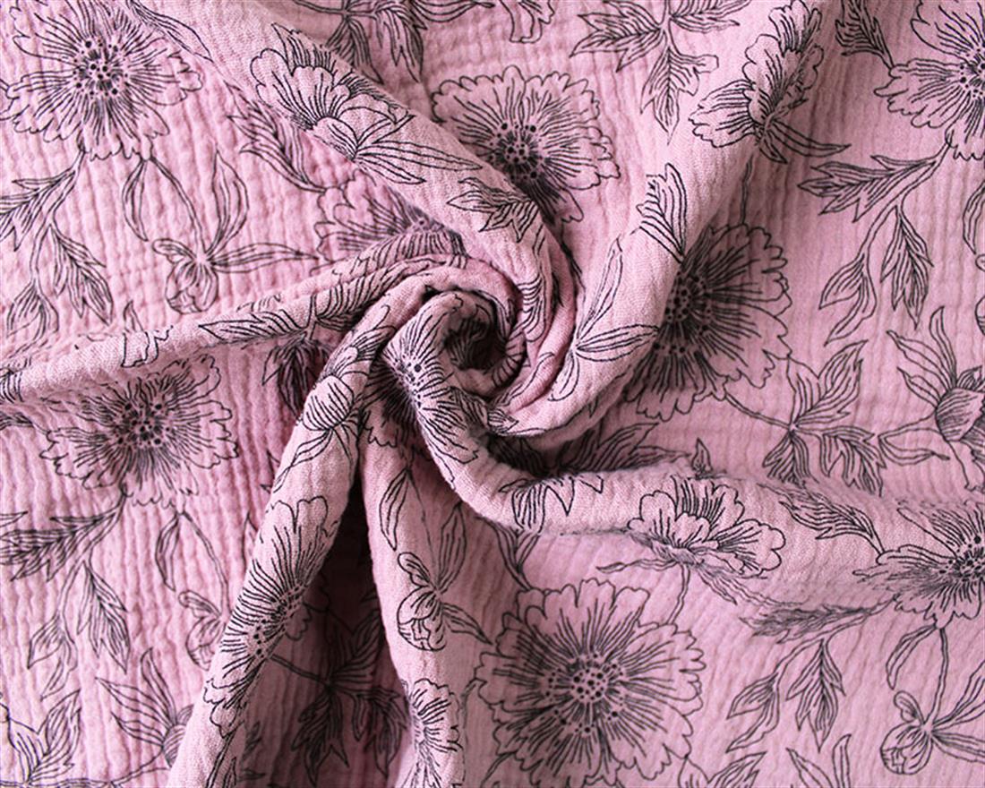 Majestic Floral Double Gauze Beige Outline of Flowers and Leaves with…