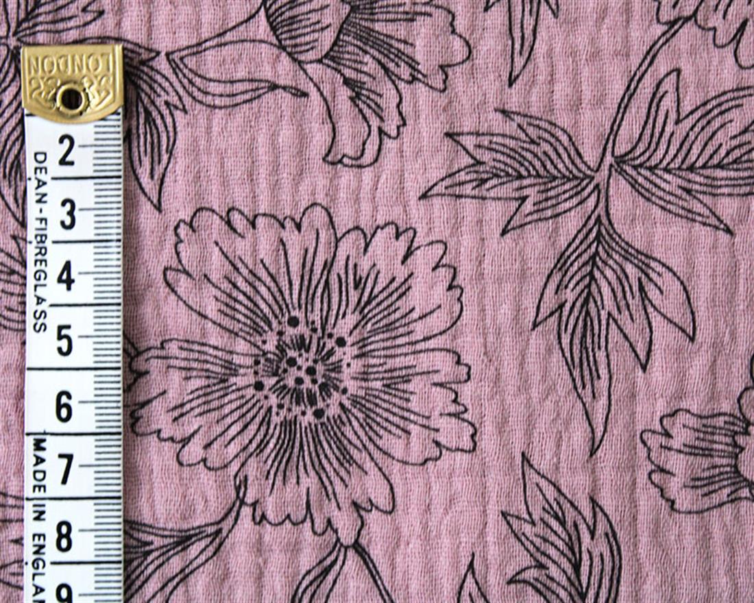 Majestic Floral Double Gauze Beige Outline of Flowers and Leaves with…