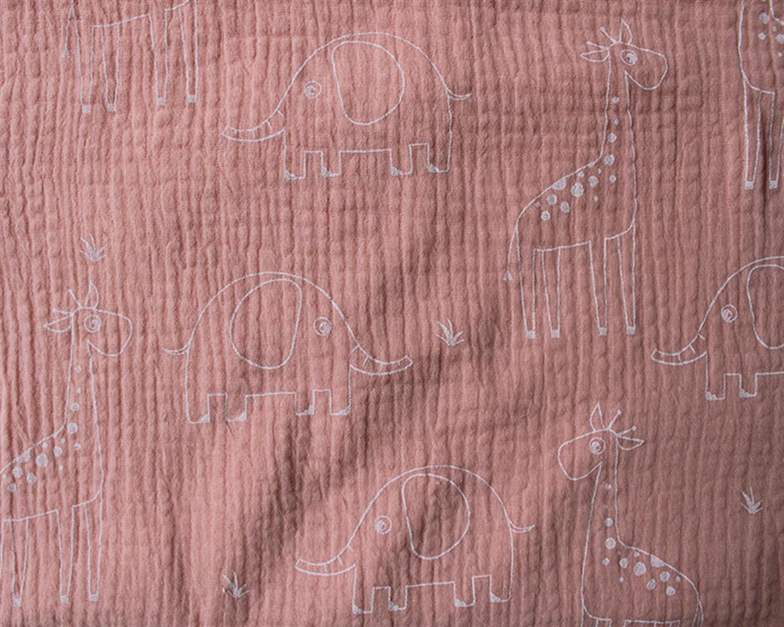 Giraffe And Elephant Double Gauze Drawn Child-like and on a Blue
