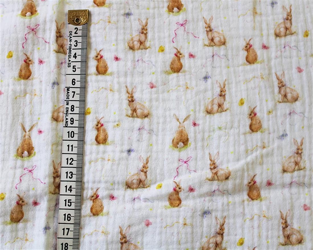 White Little Johnny Elegant Bunny Double Gauze Printed Fabric
