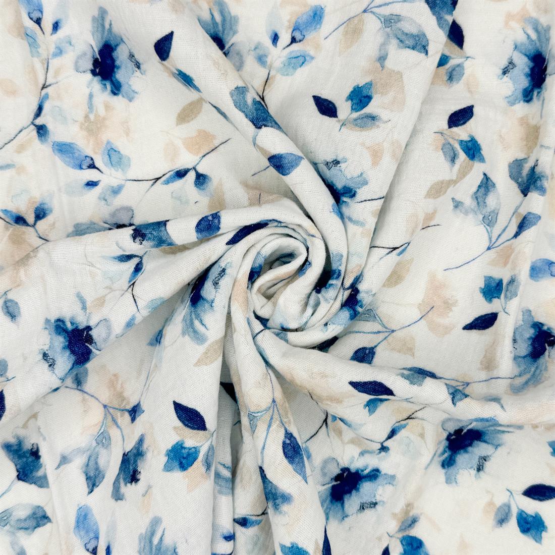 Ivory & Blue Rennes 100% Cotton Double Gauze Fabric