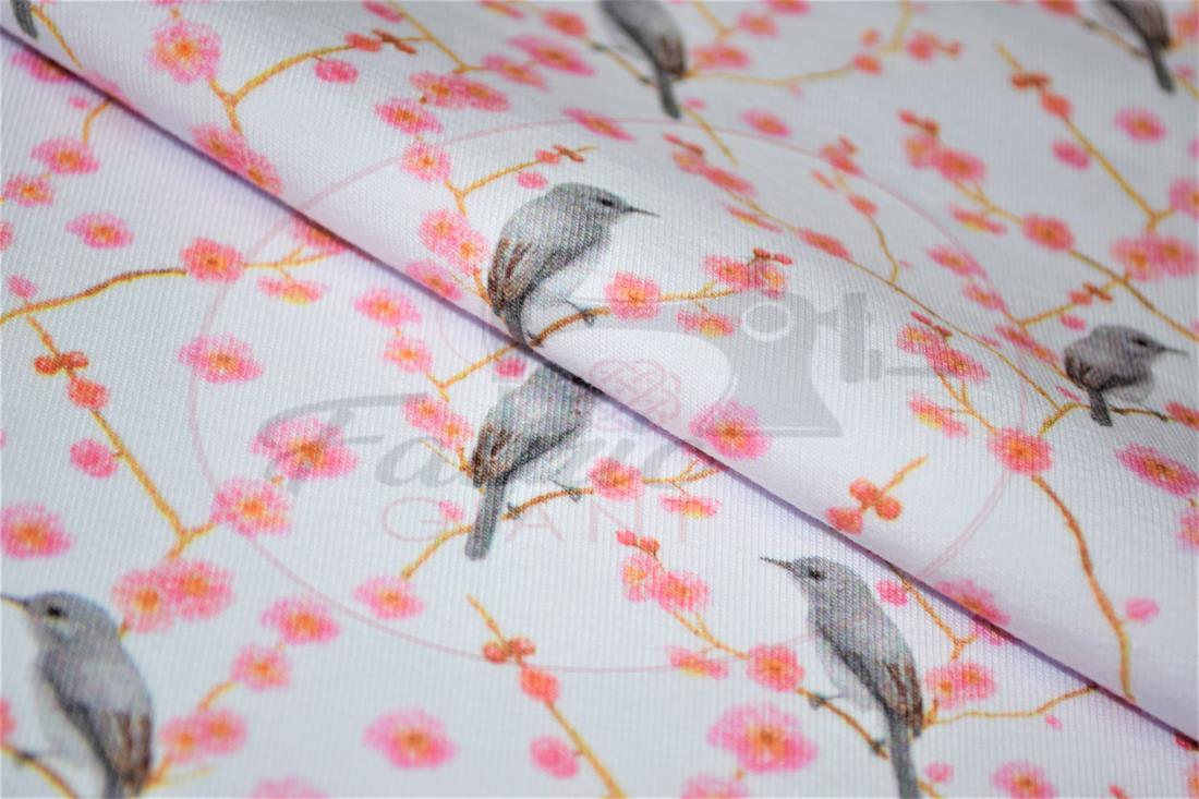 White & Pink Birds and Blossom Printed Cotton Jersey