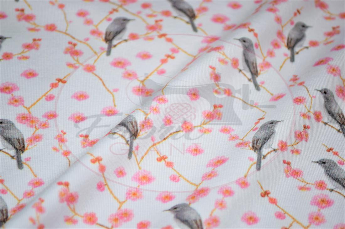 White & Pink Birds and Blossom Printed Cotton Jersey