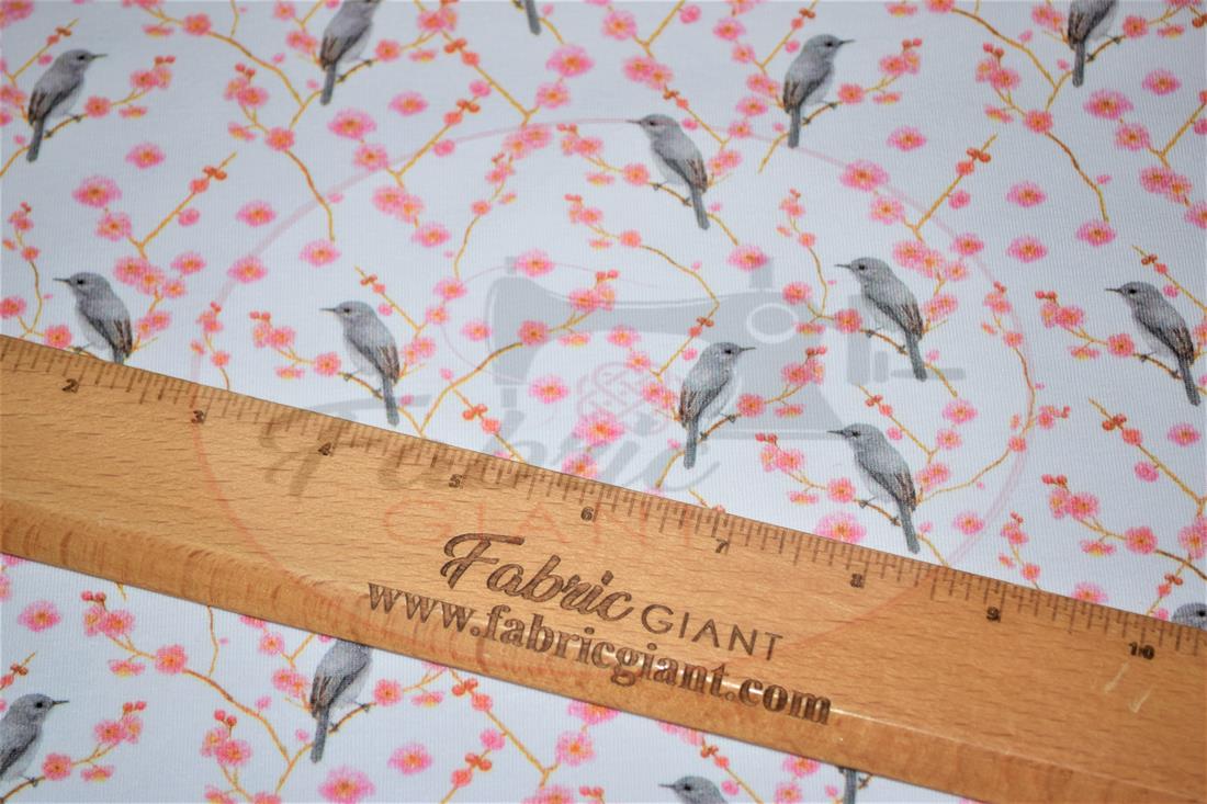 White & Pink Birds and Blossom Printed Cotton Jersey
