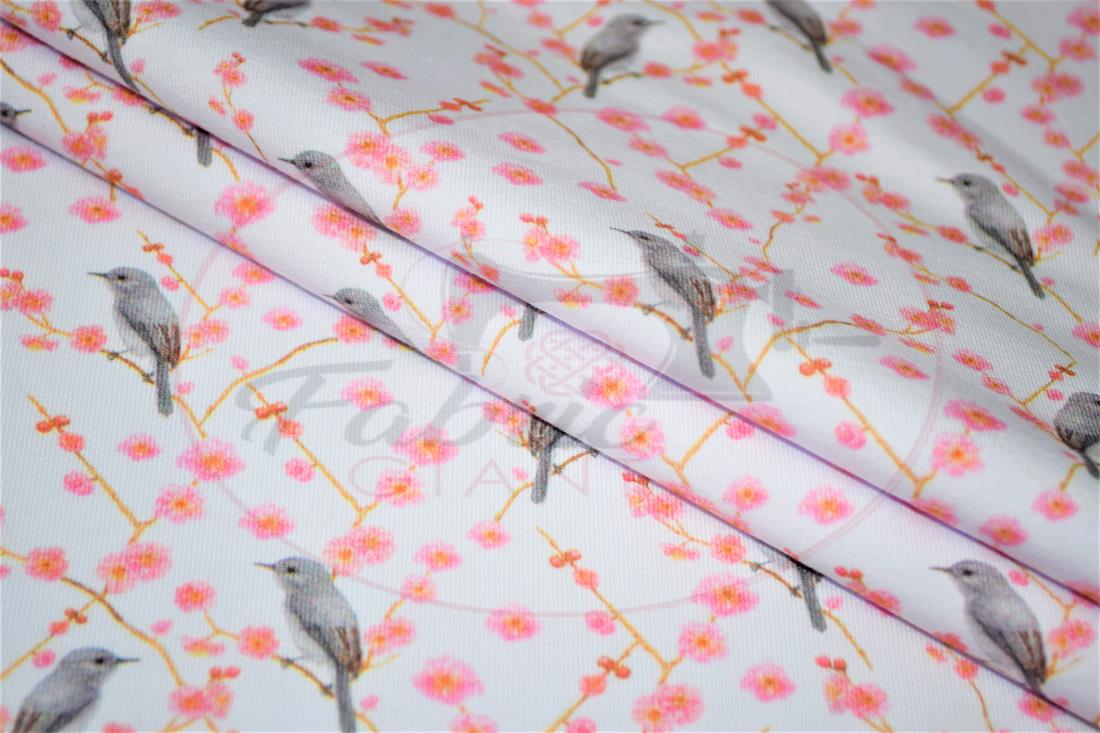 White & Pink Birds and Blossom Printed Cotton Jersey