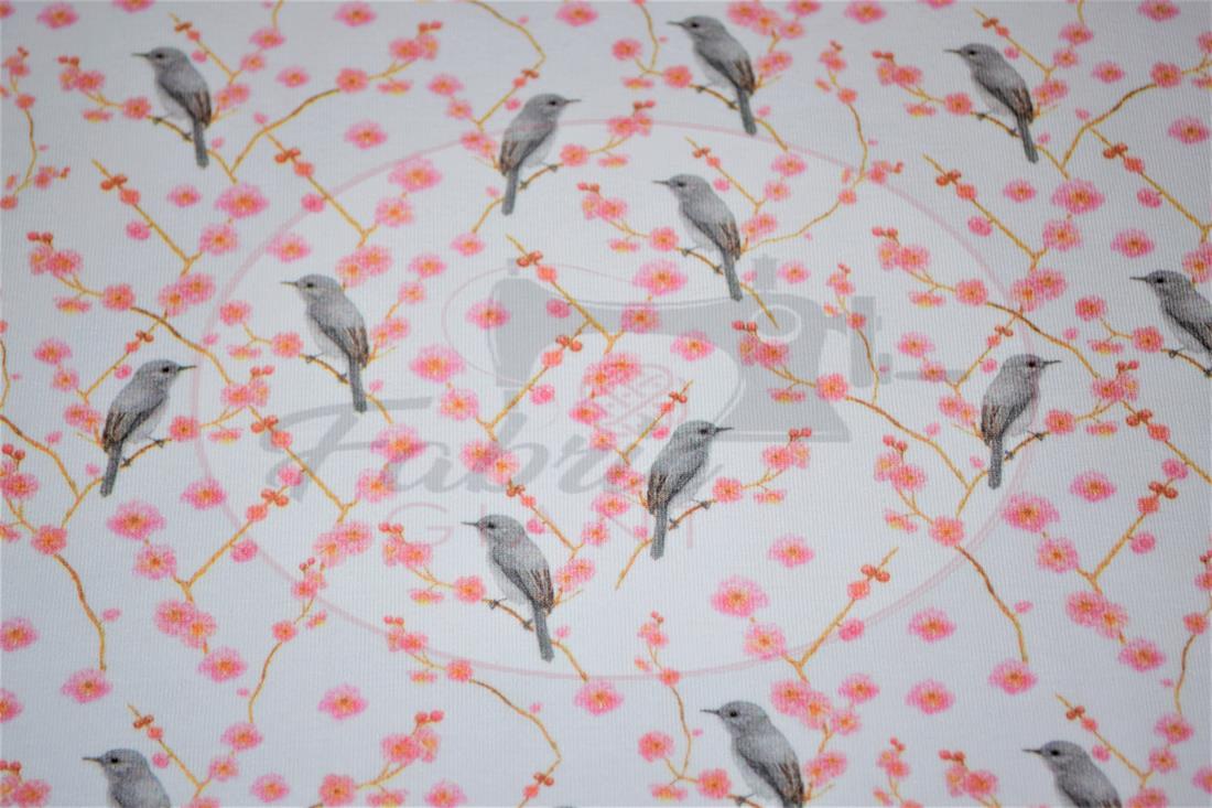 White & Pink Birds and Blossom Printed Cotton Jersey