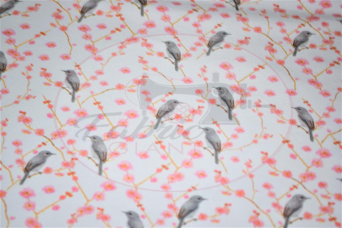 White & Pink Birds and Blossom Printed Cotton Jersey