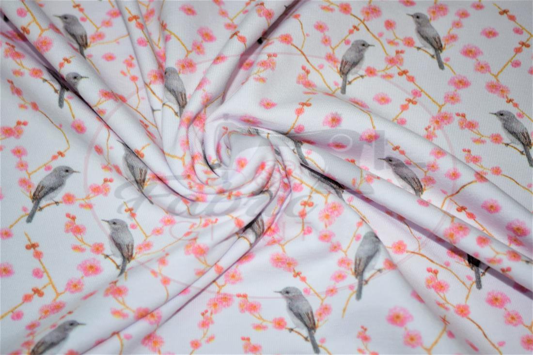 White & Pink Birds and Blossom Printed Cotton Jersey