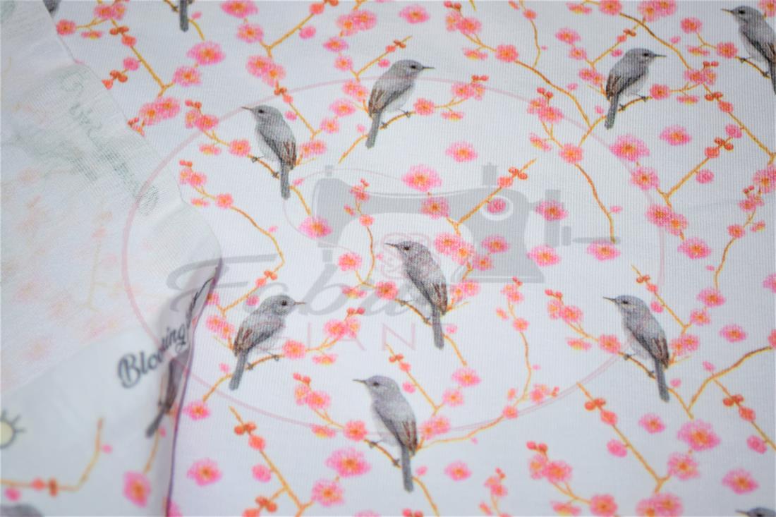 White & Pink Birds and Blossom Printed Cotton Jersey