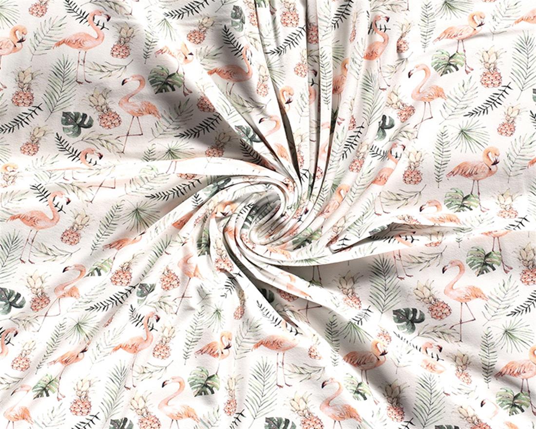 Off White Watercolour Flamingos Cotton Jersey