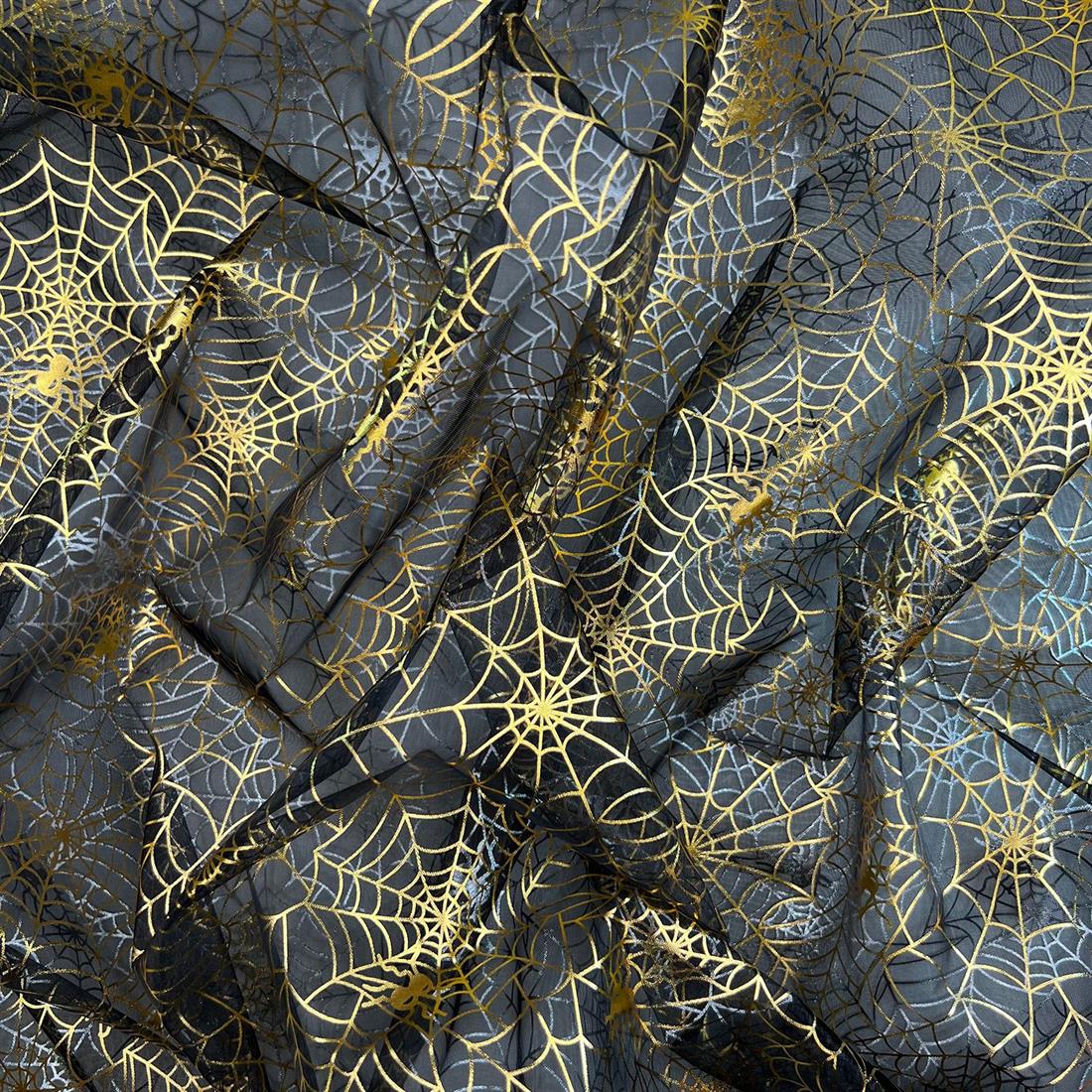 Spooky Spiders Gold & Silver 100% Polyester | 35 GSM 150 Cm Wide