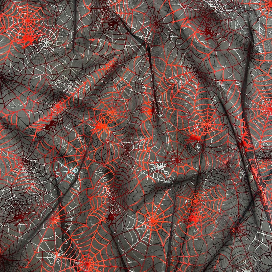 Spooky Spiders Red & Silver 100% Polyester | 35 GSM 150 Cm Wide