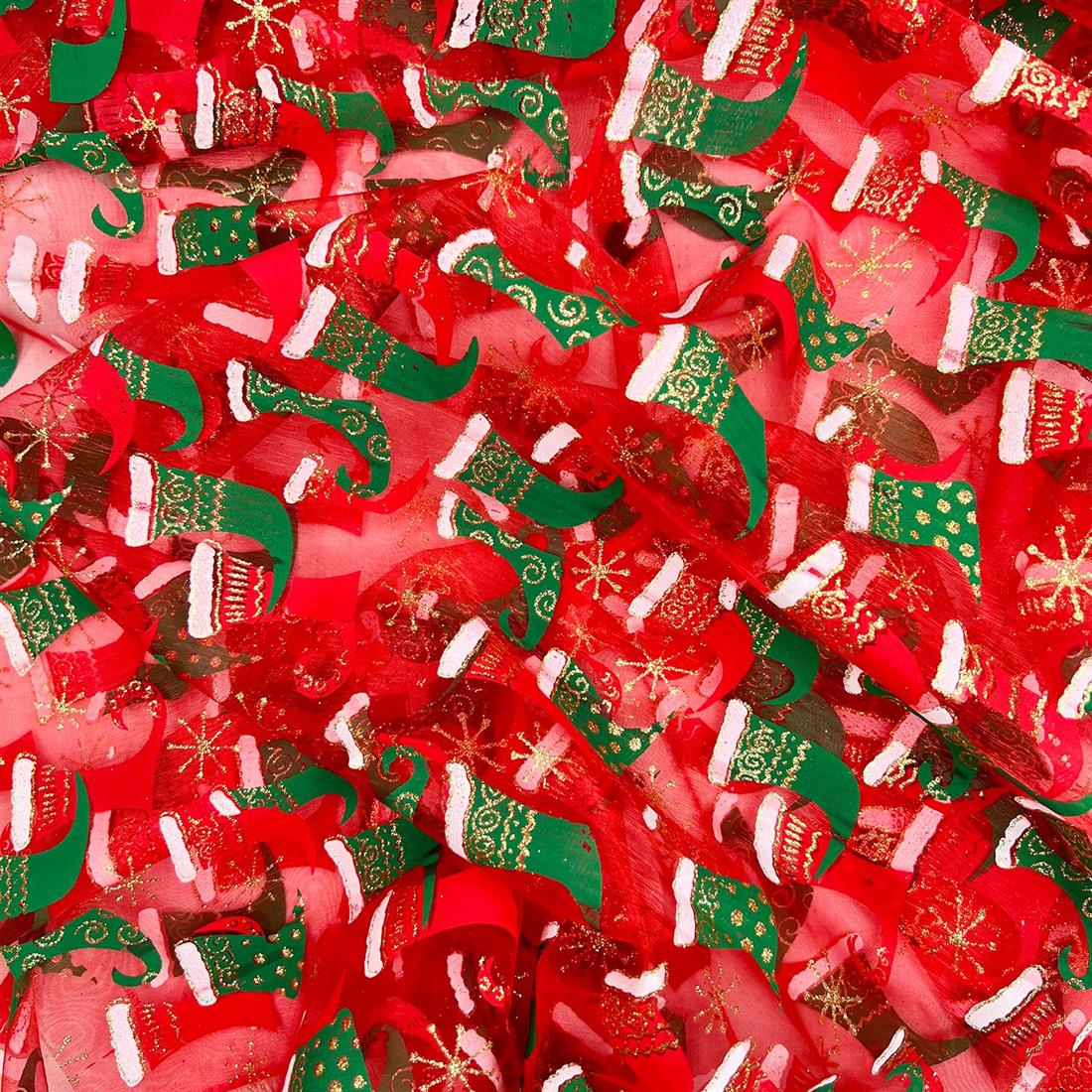 Red Christmas Stocking Printed Organza Fabric