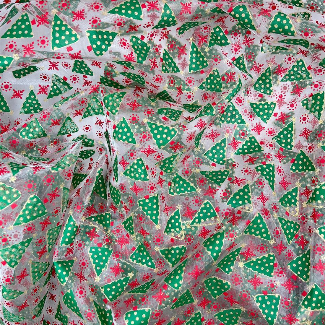 Silver Grey Christmas Trees Printed Organza Fabric