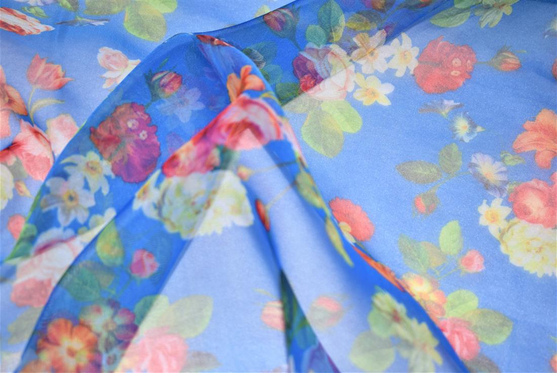 Blue Printed Organza Fabric