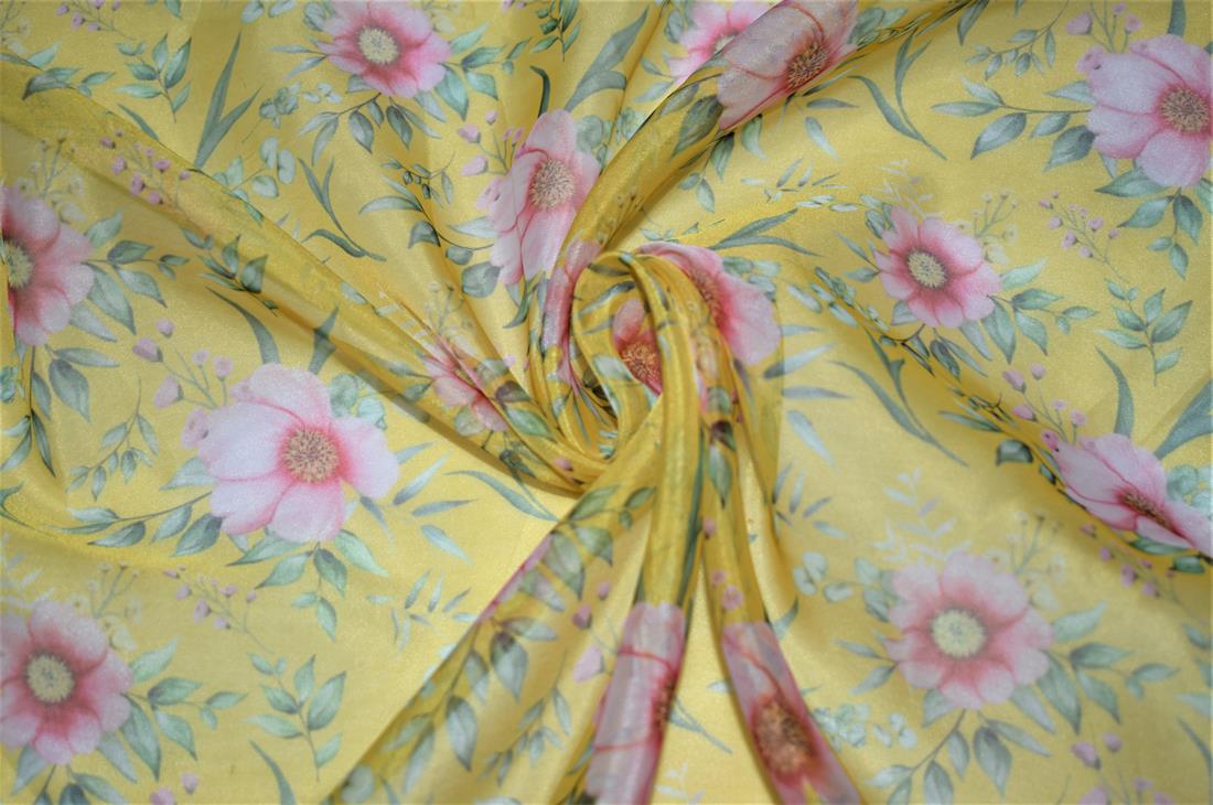 Yellow Printed Organza Fabric