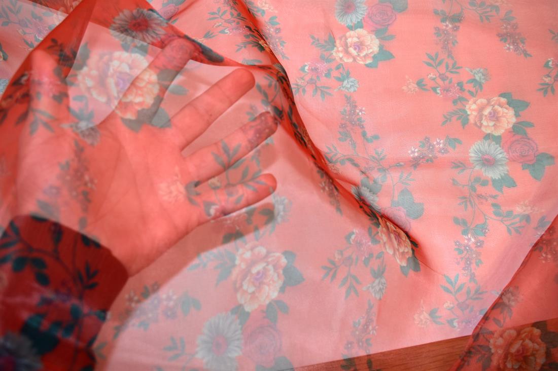 Red Printed Polyester Organza Fabric