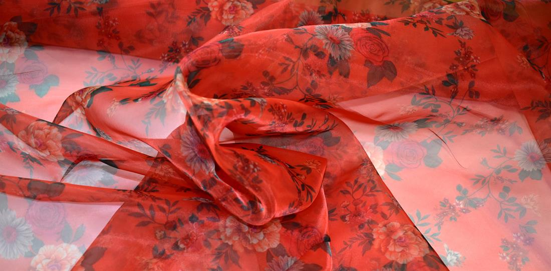 Red Printed Polyester Organza Fabric