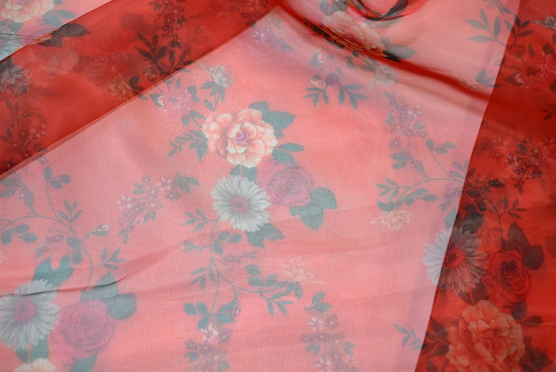 Red Printed Polyester Organza Fabric