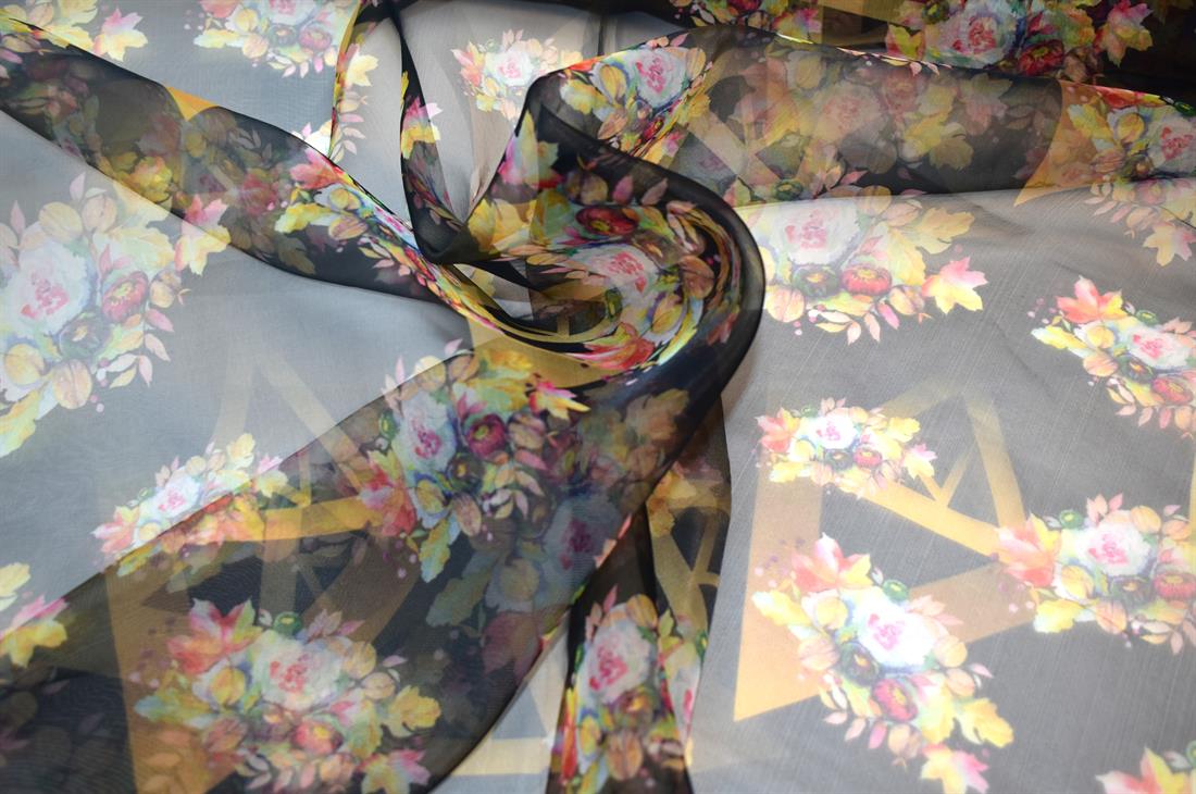 Black Printed Polyester Organza Fabric