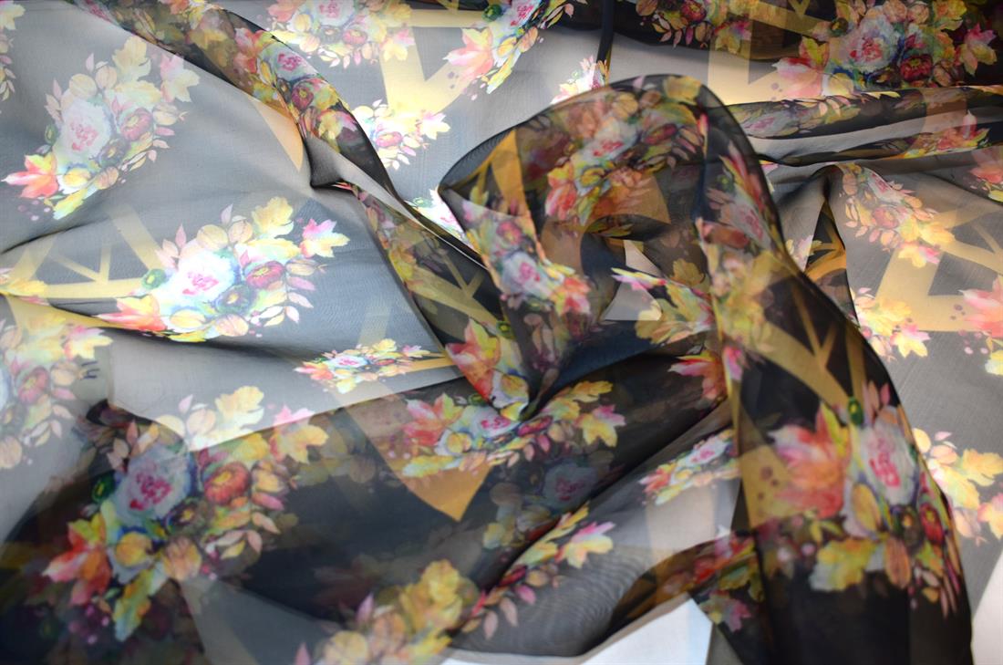 Black Printed Polyester Organza Fabric