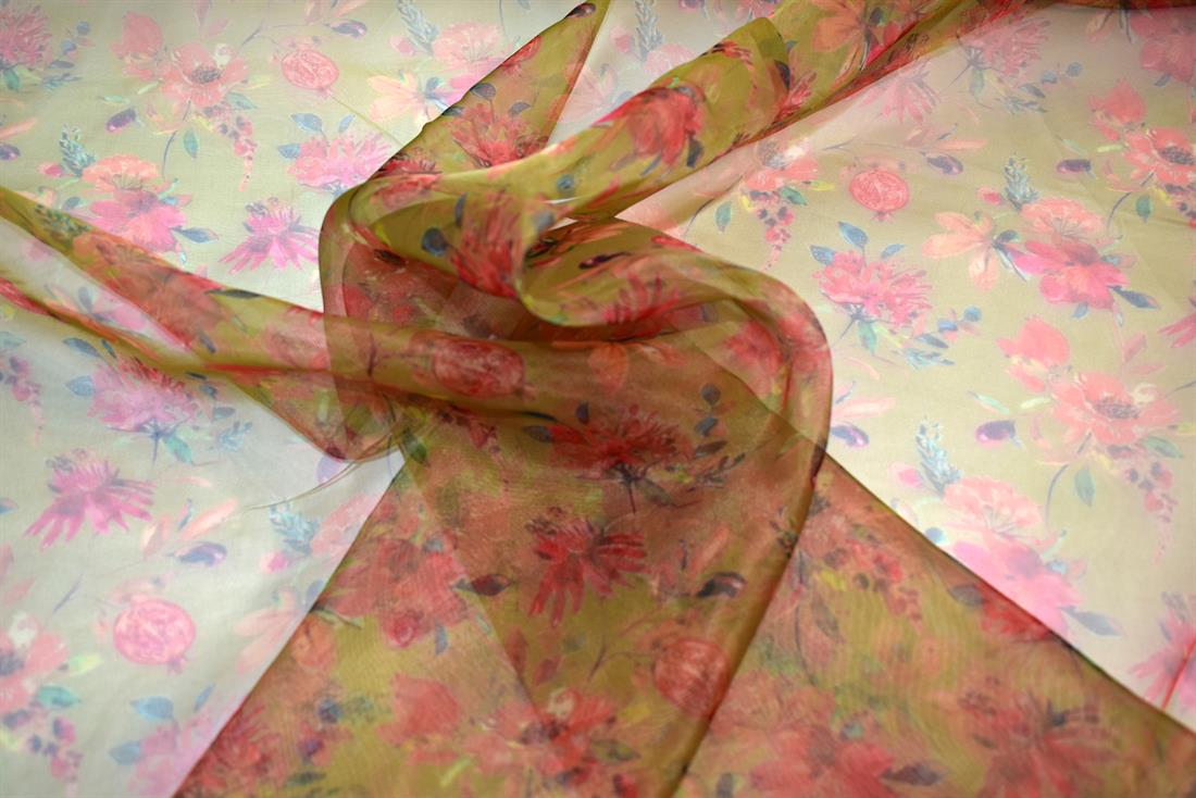 Mustard Printed Polyester Organza Fabric
