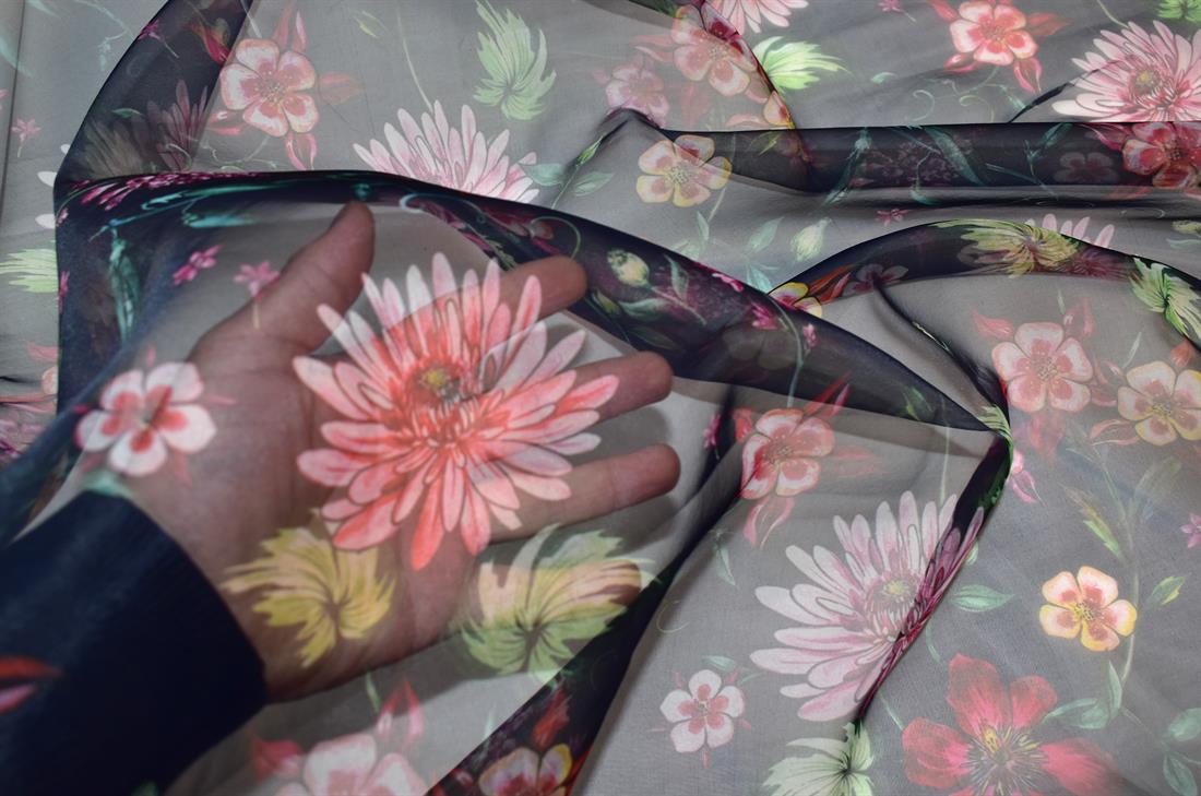 Navy Printed Polyester Organza Fabric