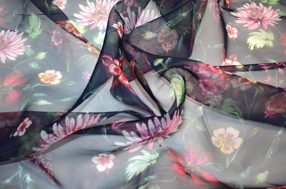 Navy Printed Polyester Organza Fabric