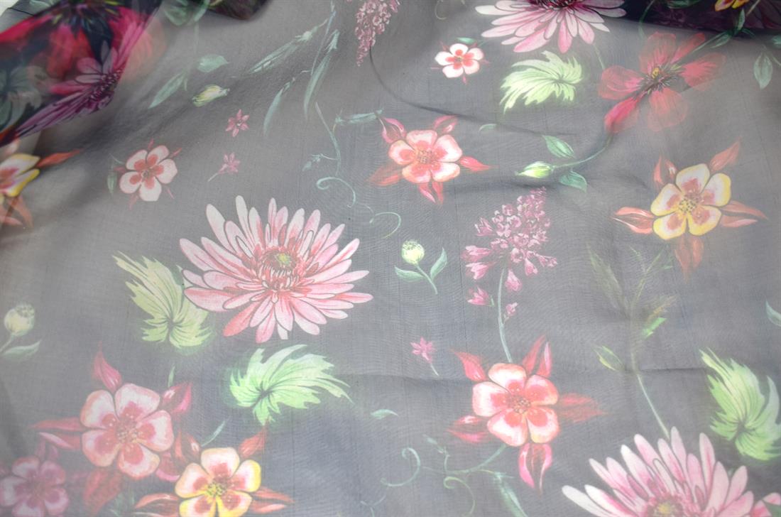 Navy Printed Polyester Organza Fabric