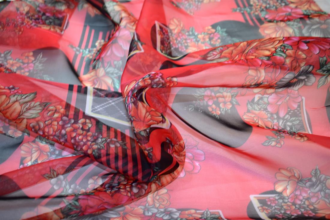 Red Printed Polyester Organza Fabric