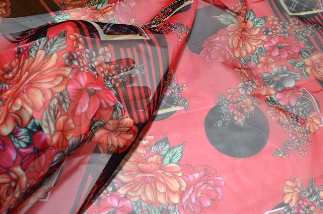 Red Printed Polyester Organza Fabric