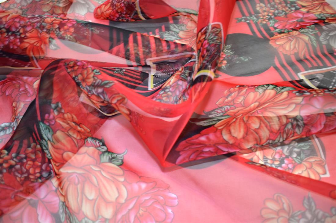 Red Printed Polyester Organza Fabric