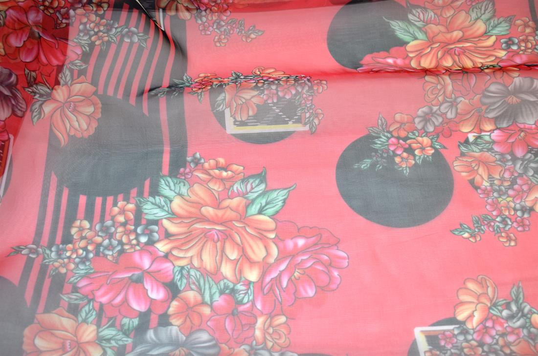 Red Printed Polyester Organza Fabric