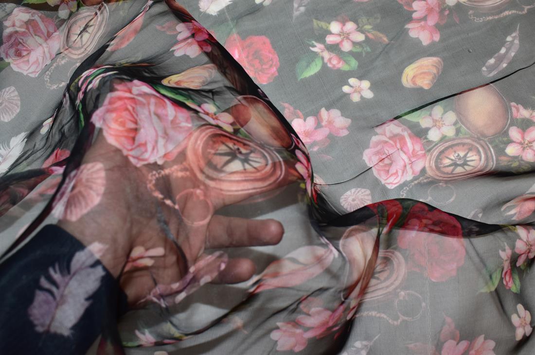 Black Printed Polyester Organza Fabric