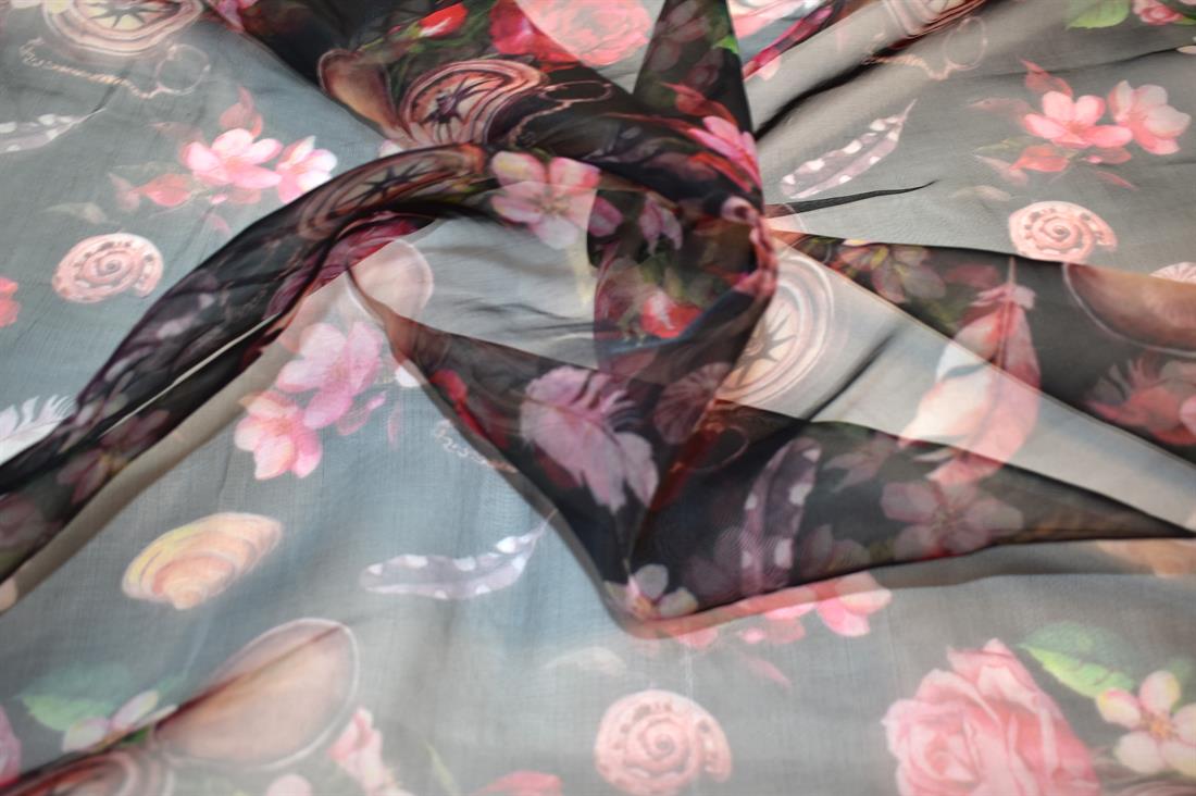 Black Printed Polyester Organza Fabric