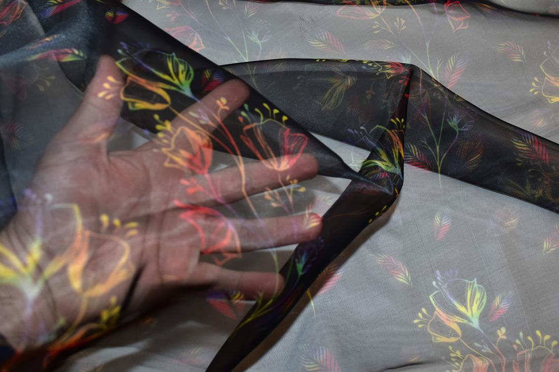 Black Printed Polyester Organza Fabric
