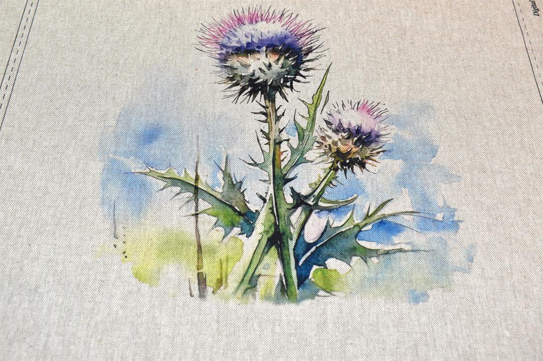 Natural Purple Thistle Panels Printed Digital Canvas Fabric