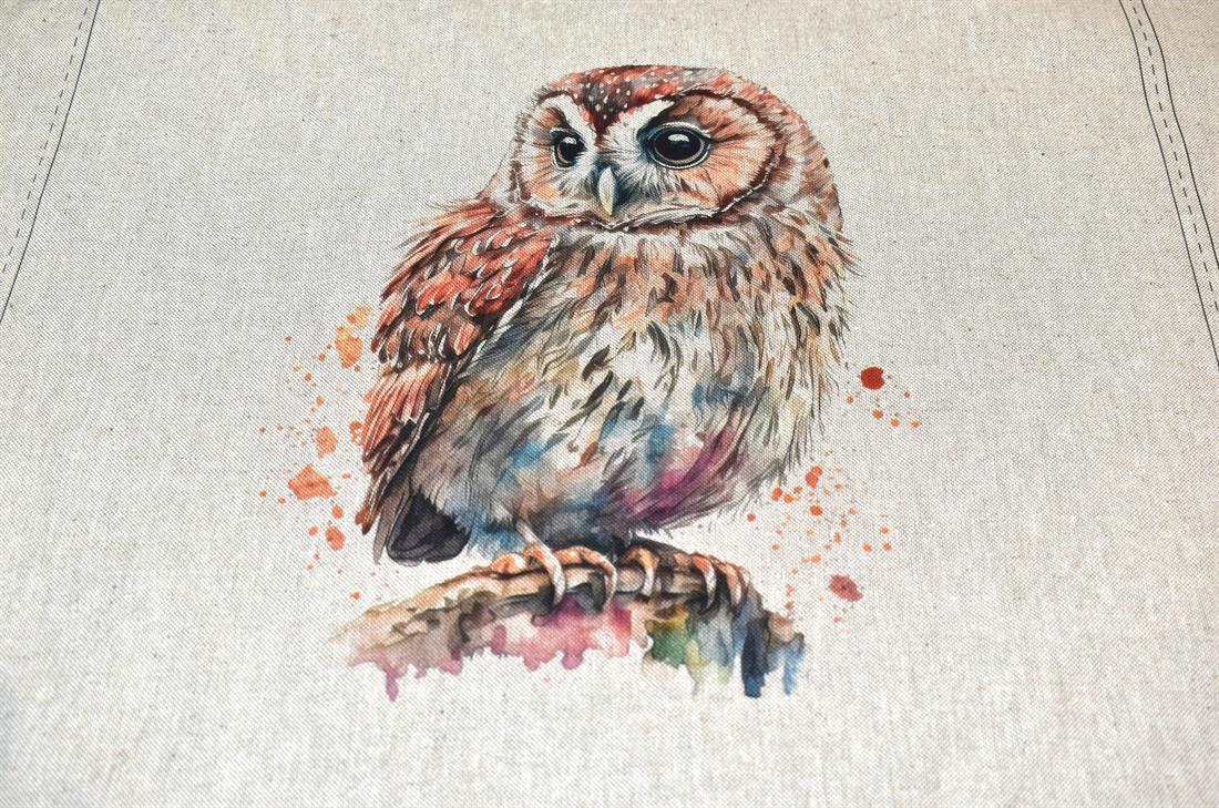 Natural Watercolour Owl Panels Printed Digital Canvas Fabric