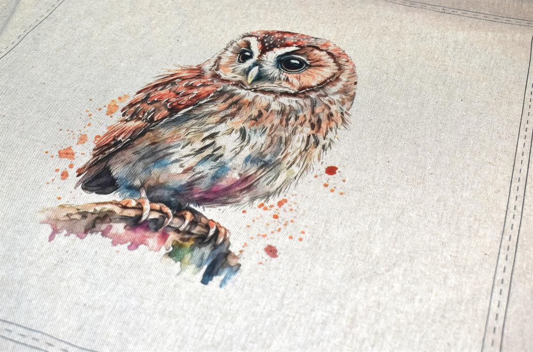 Natural Watercolour Owl Panels Printed Digital Canvas Fabric