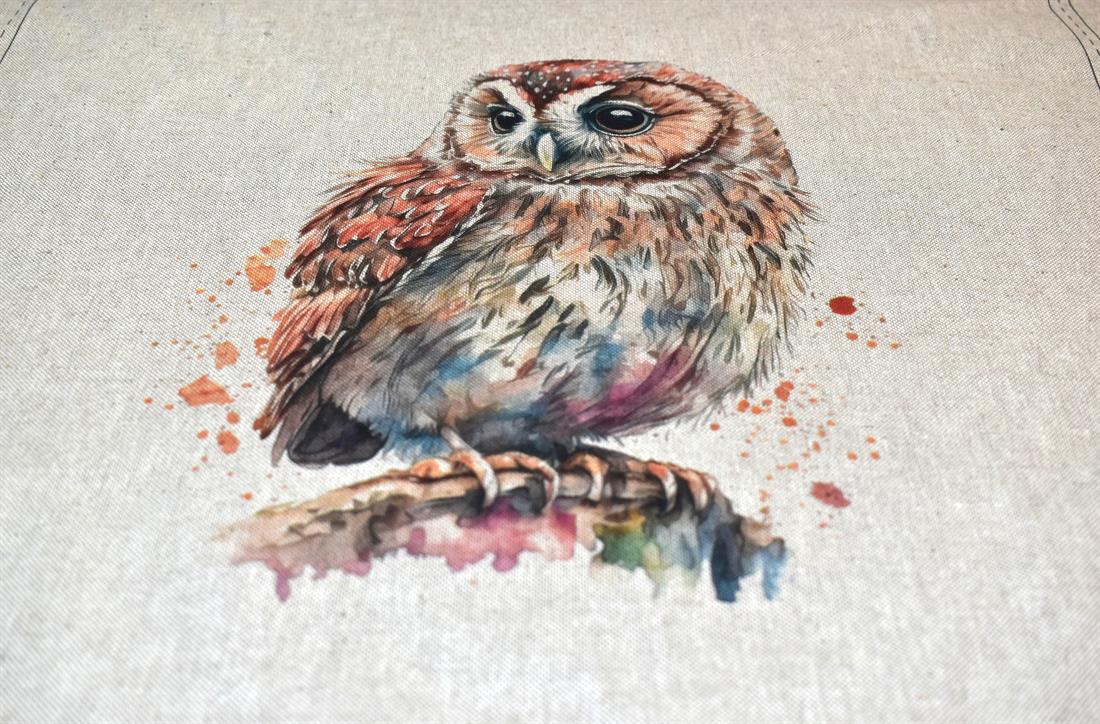 Natural Watercolour Owl Panels Printed Digital Canvas Fabric