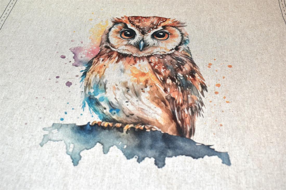 Natural Watercolour Owl Panels Printed Digital Canvas Fabric