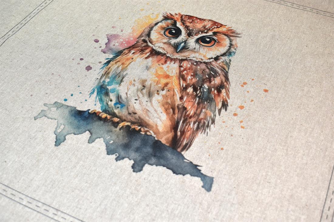 Natural Watercolour Owl Panels Printed Digital Canvas Fabric