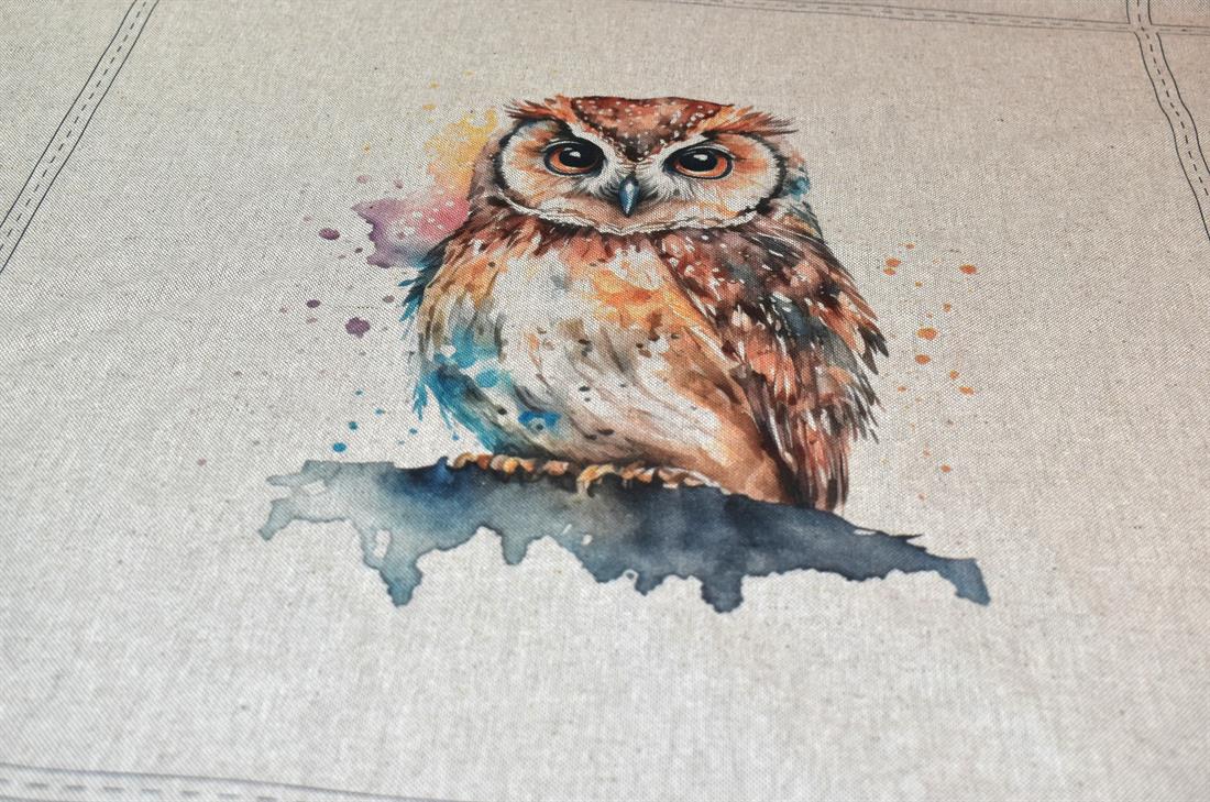 Natural Watercolour Owl Panels Printed Digital Canvas Fabric
