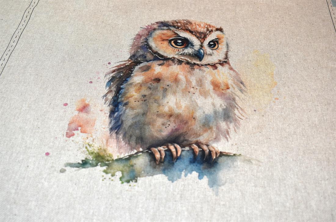 Natural Watercolour Owl Panels Printed Digital Canvas Fabric