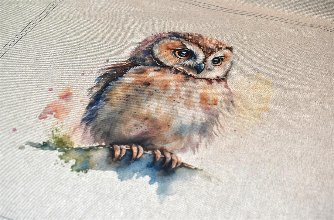 Natural Watercolour Owl Panels Printed Digital Canvas Fabric