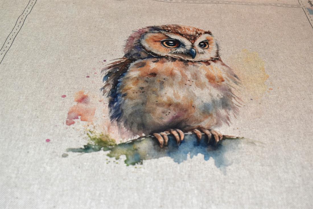 Natural Watercolour Owl Panels Printed Digital Canvas Fabric