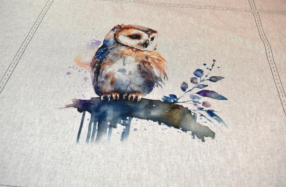 Natural Watercolour Owl Panels Printed Digital Canvas Fabric
