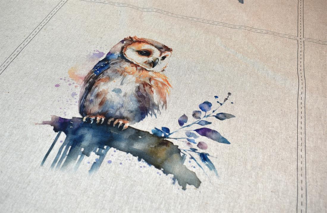 Natural Watercolour Owl Panels Printed Digital Canvas Fabric